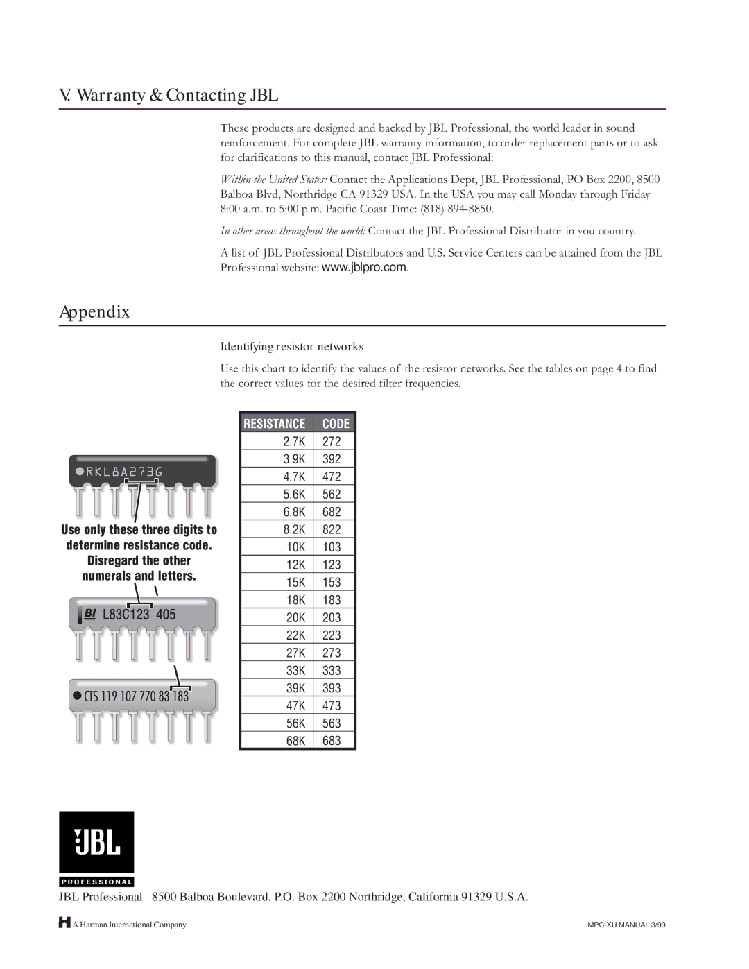 JBL Professional MPC-XU owner manual Warranty & Contacting JBL, Appendix 