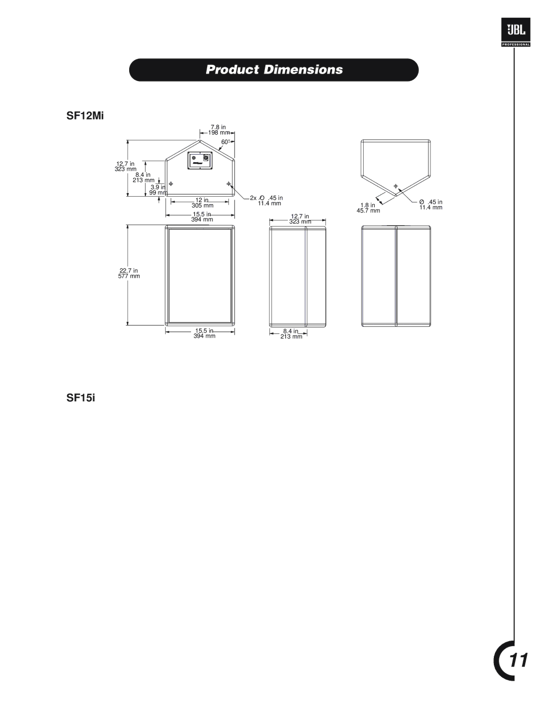 JBL Professional SF15i, SF12Mi manual Product Dimensions 