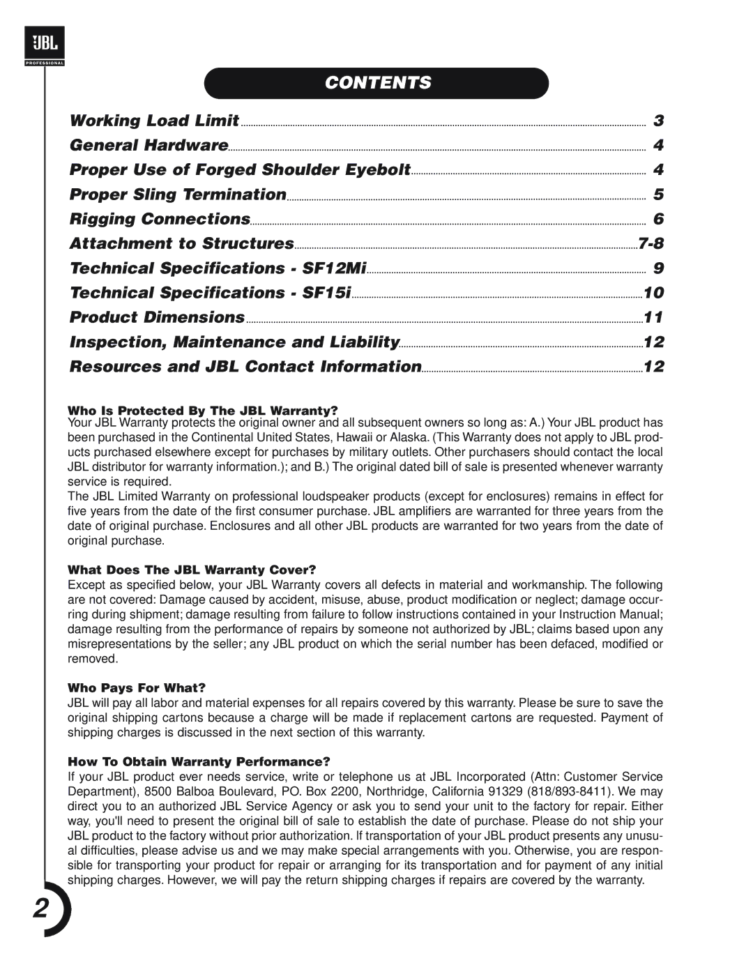 JBL Professional SF12Mi, SF15i manual Contents 