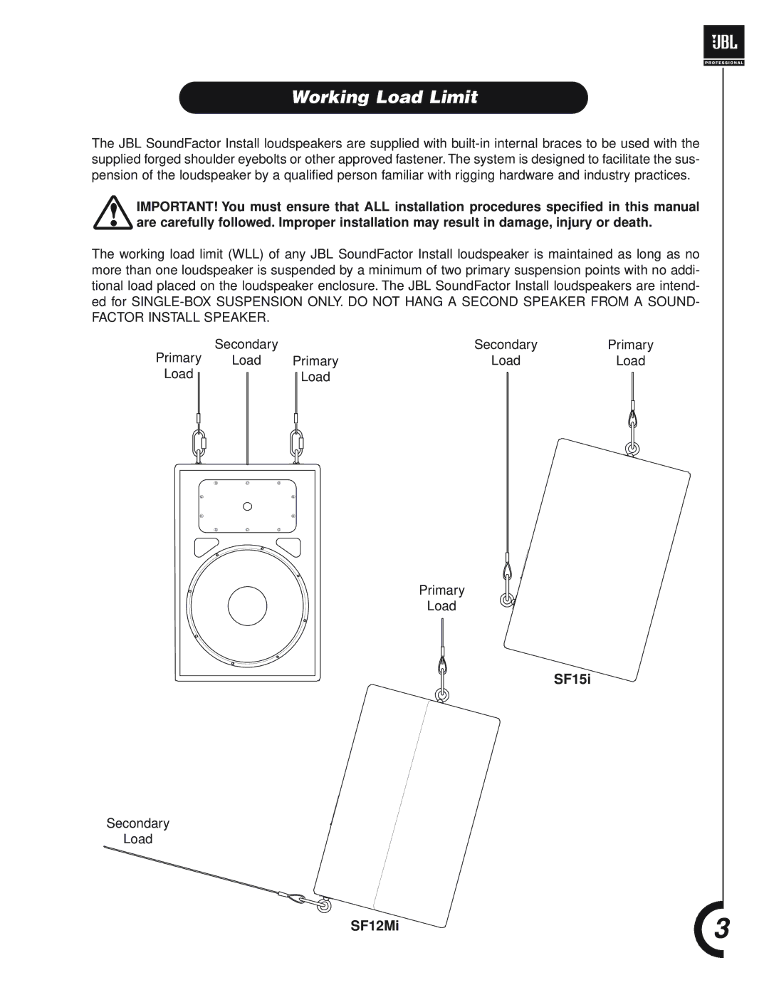 JBL Professional SF15i, SF12Mi manual Working Load Limit 