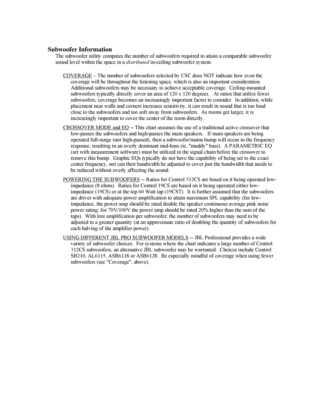 JBL Professional Speaker manual Subwoofer Information 