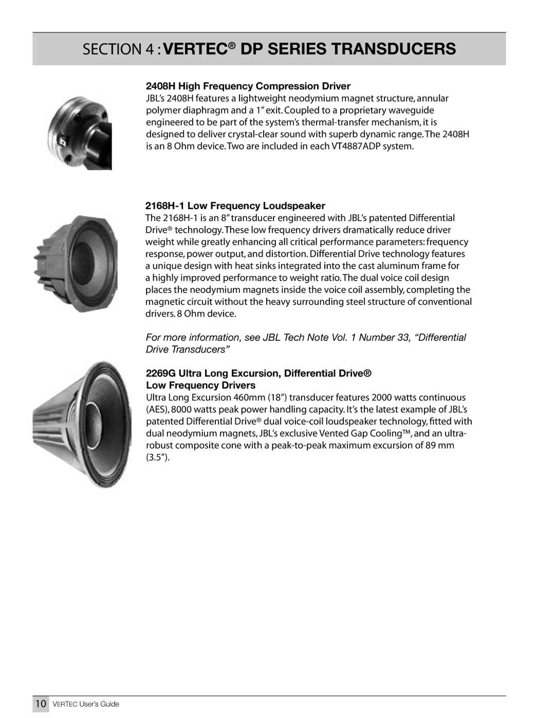 JBL Professional VT4881ADP-CN, VT4887ADP-CN manual Vertec DP Series Transducers, 2408H High Frequency Compression Driver 