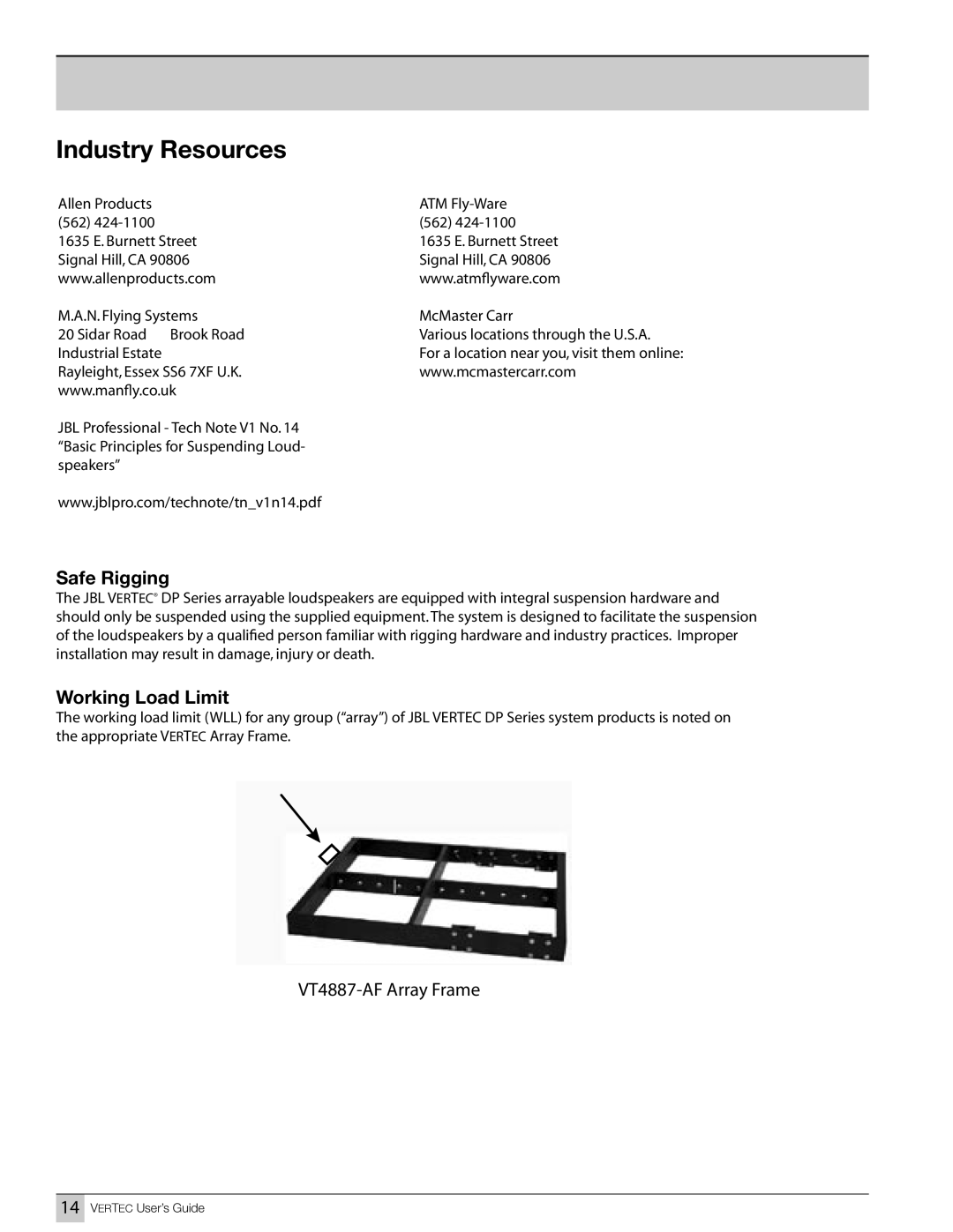 JBL Professional VT4887ADP-CN, VT4887ADP-AN, VT4881ADP-CN, DP SERIES, VT4881ADP-AN manual Industry Resources, Safe Rigging 