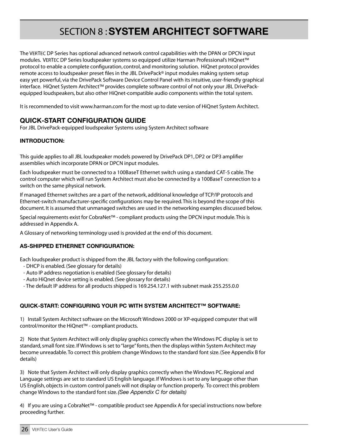 JBL Professional VT4881ADP, VT4887ADP-CN manual System Architect Software, Introduction, AS-SHIPPED Ethernet Configuration 