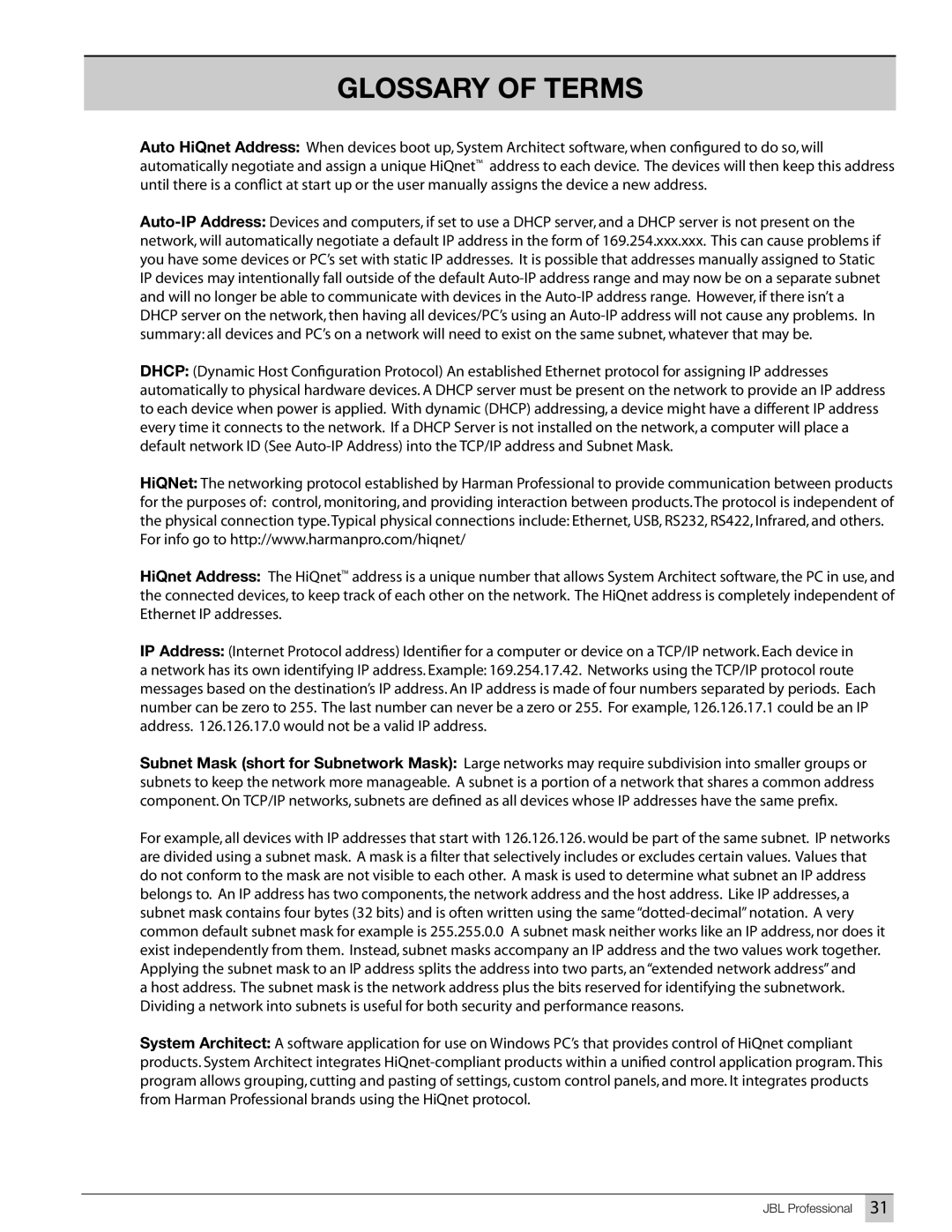 JBL Professional VT4881ADP-CN, VT4887ADP-CN, VT4887ADP-AN, DP SERIES, VT4881ADP-AN manual Glossary of Terms 