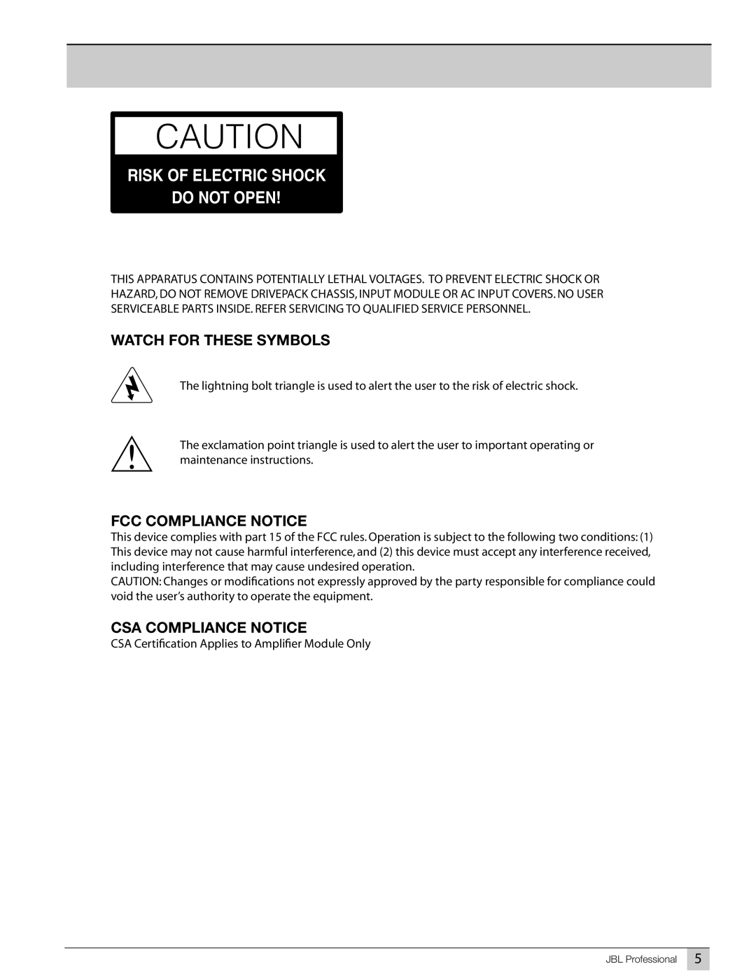 JBL Professional VT4887ADP-CN, VT4887ADP-AN, VT4881ADP-CN, DP SERIES, VT4881ADP-AN manual CSA Compliance Notice 