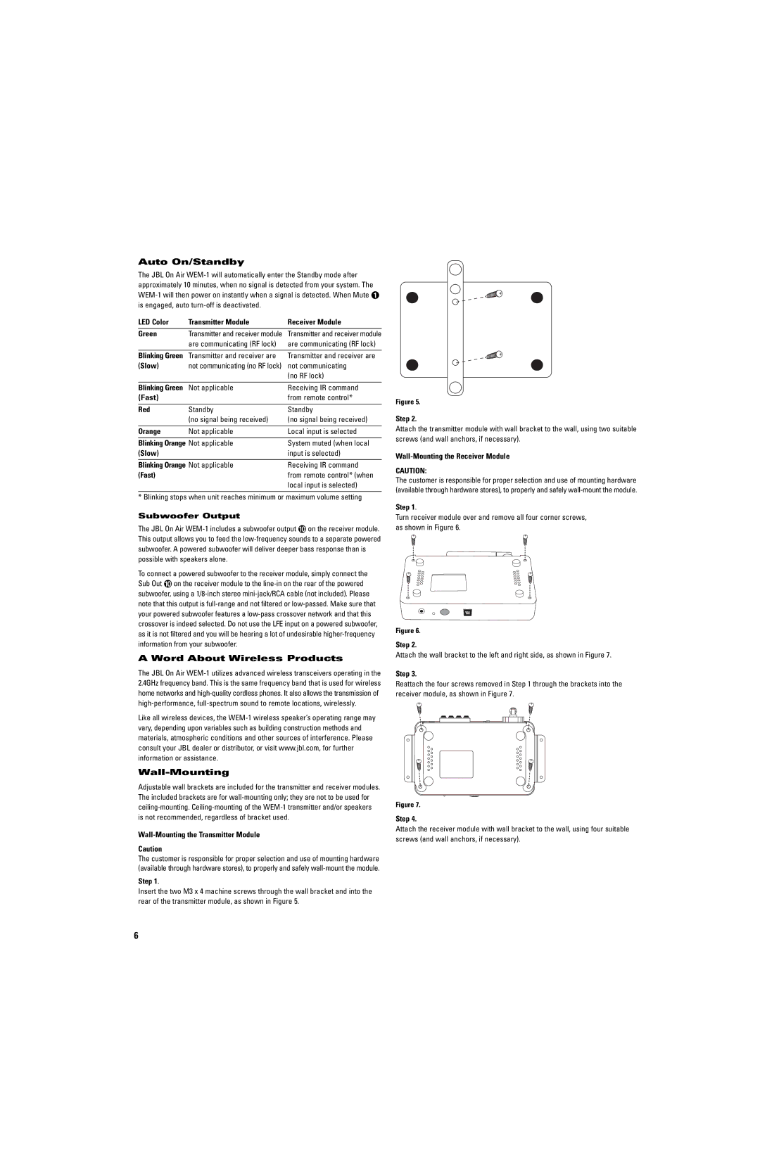 JBL Professional WEM-1 manual Auto On/Standby, Word About Wireless Products, Wall-Mounting 