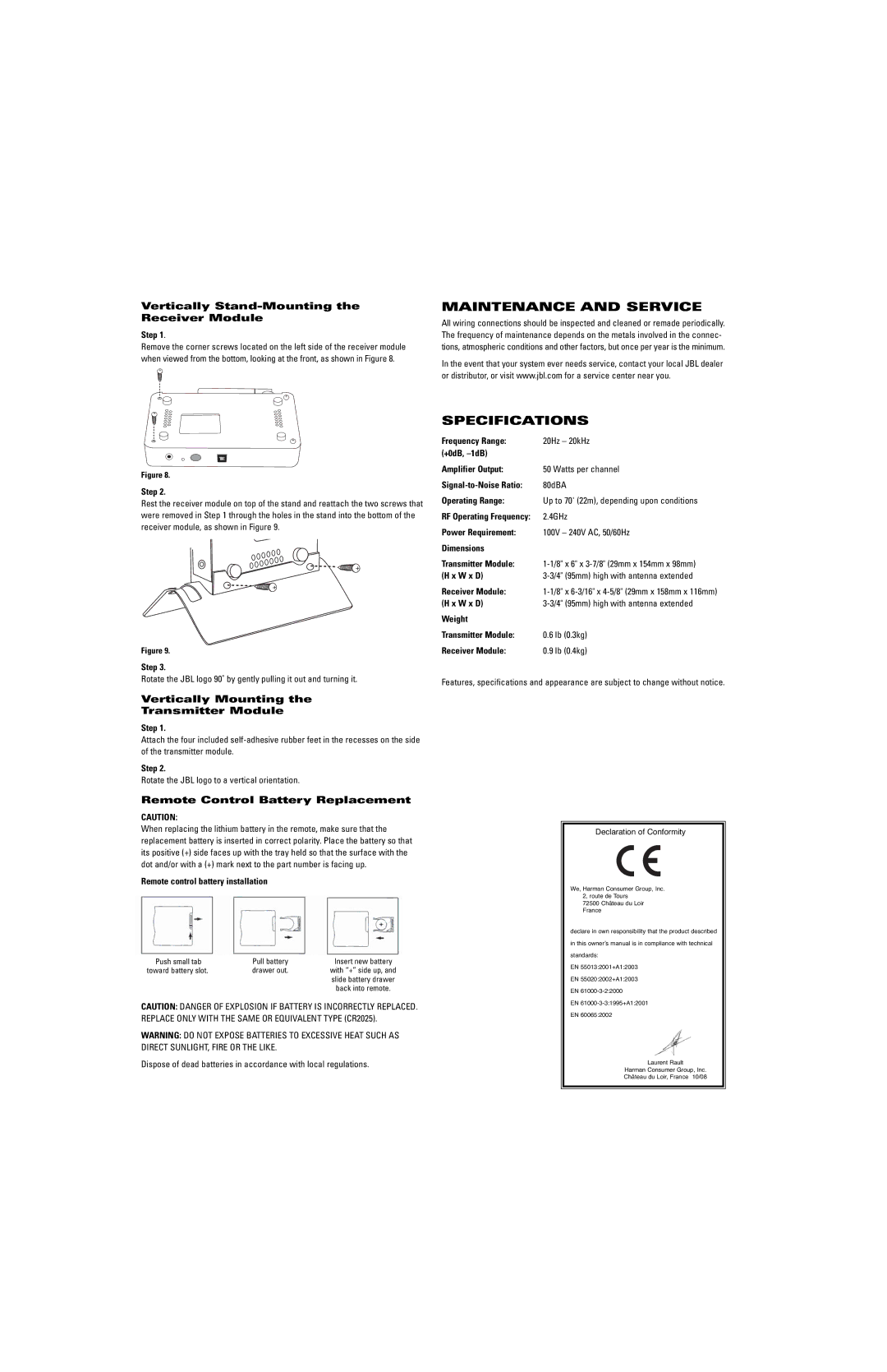 JBL Professional WEM-1 manual Maintenance and Service, Specifications, Vertically Stand-Mounting the Receiver Module 