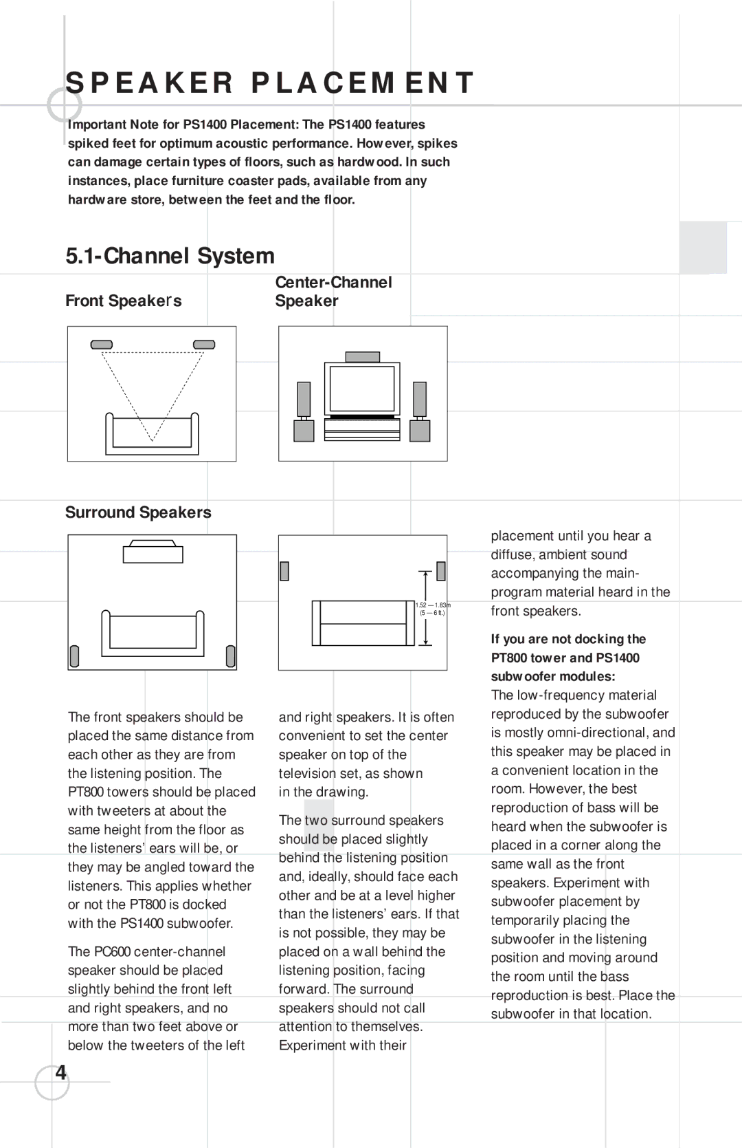 JBL Hardware store, between the feet and the floor, If you are not docking, PT800 tower and PS1400, Subwoofer modules 