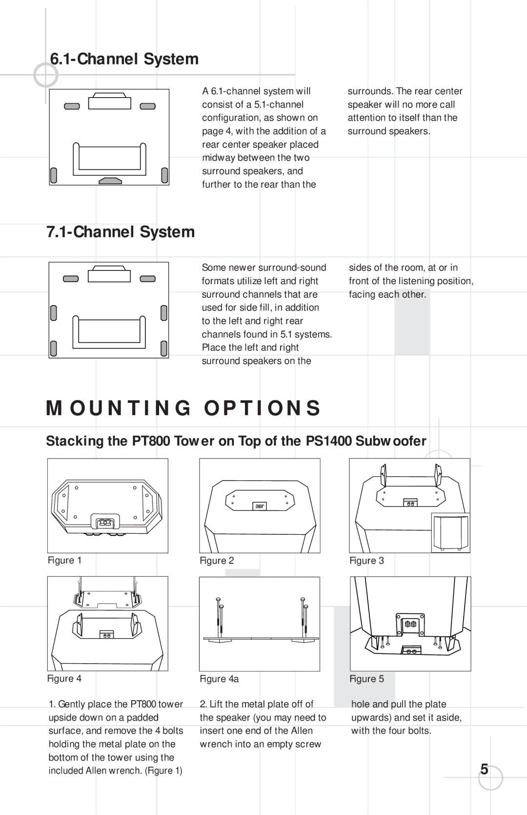 JBL specifications U N T I N G O P T I O N S, Stacking the PT800 Tower on Top of the PS1400 Subwoofer 