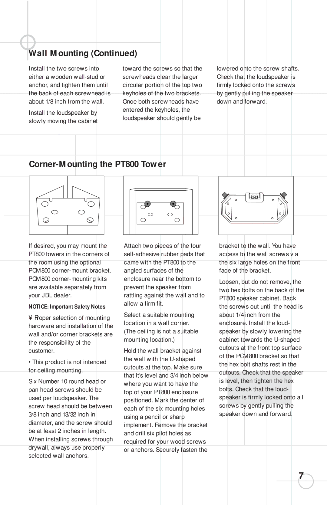 JBL PS1400 specifications Wall Mounting, Corner-Mounting the PT800 Tower 