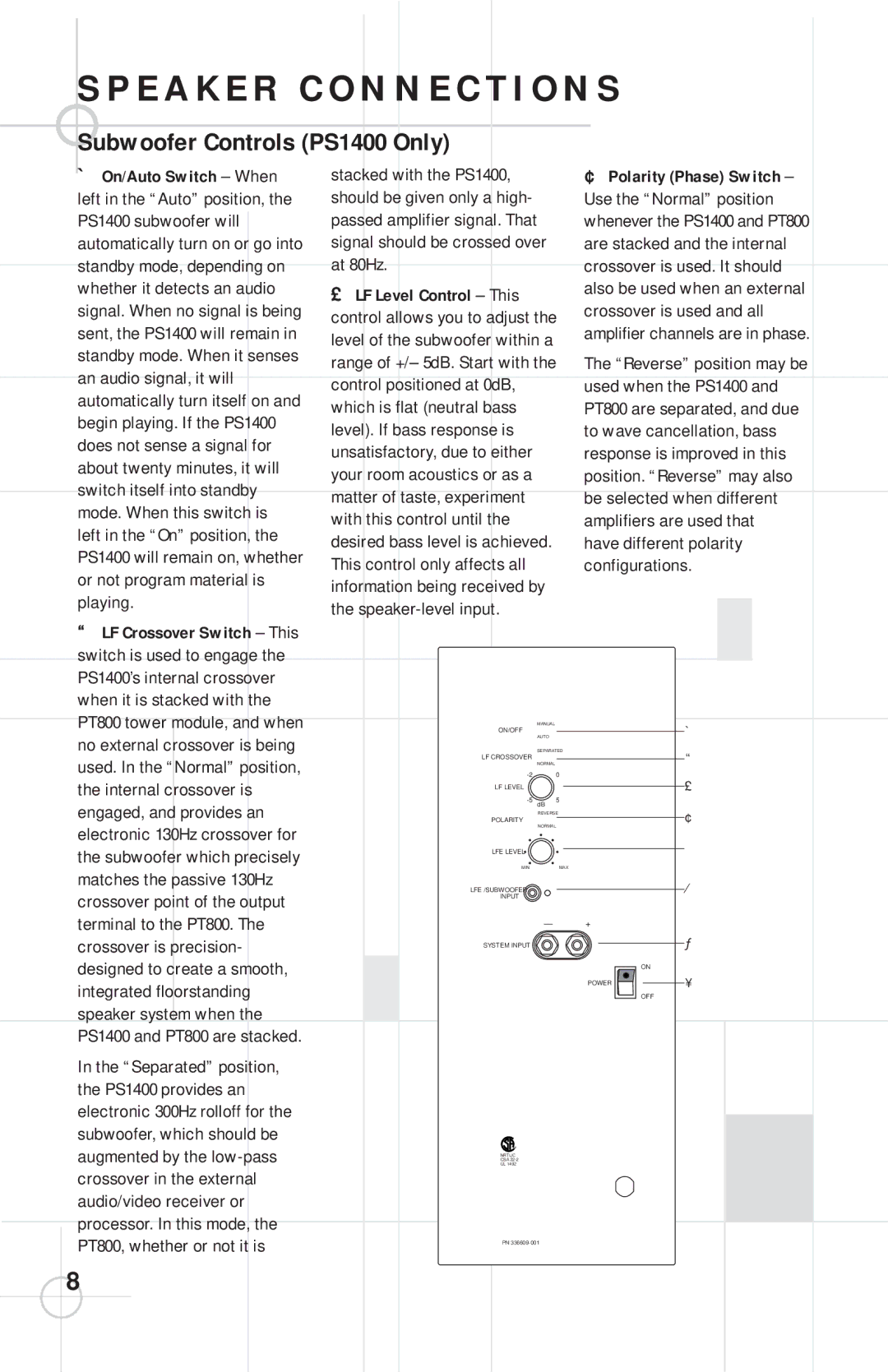 JBL specifications Subwoofer Controls PS1400 Only, On/Auto Switch When 