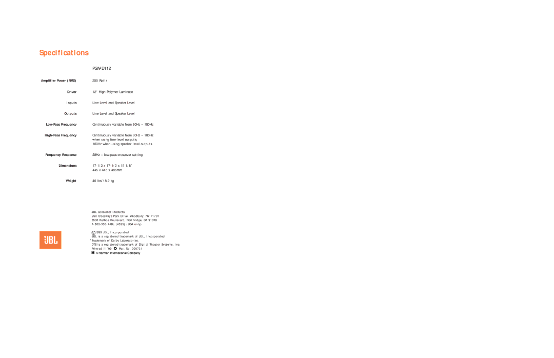 JBL PSW-D112 setup guide Specifications 