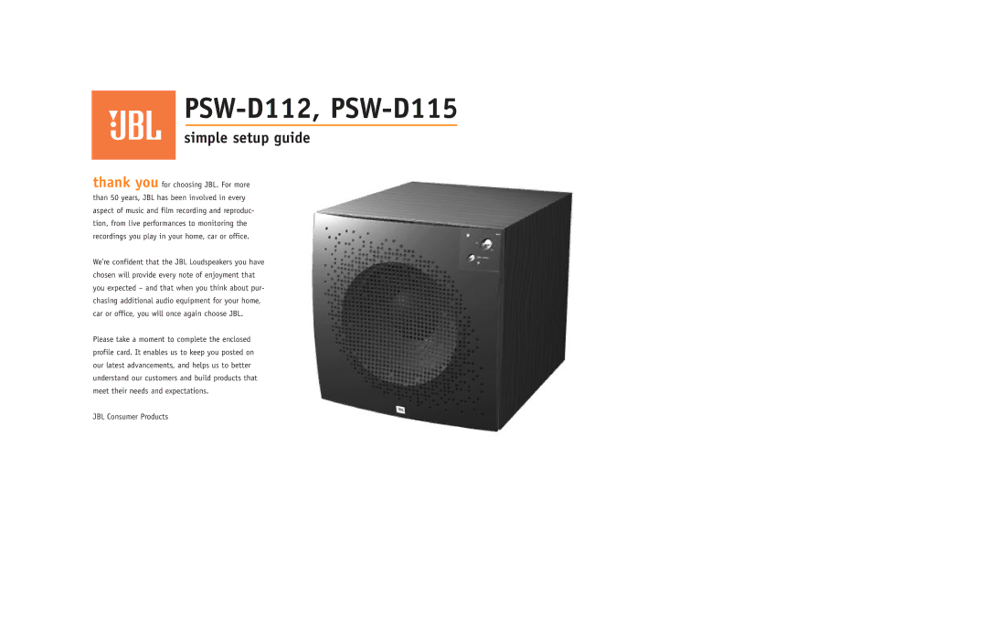 JBL PSW-D112/115 setup guide PSW-D112, PSW-D115 