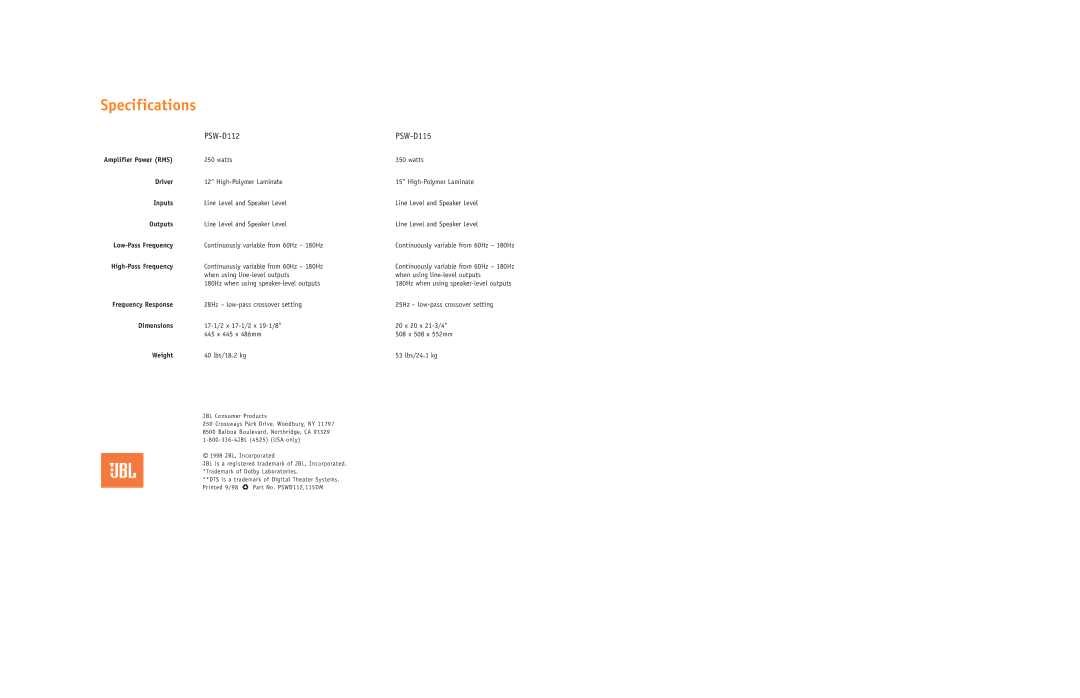 JBL PSW-D112/115 setup guide Specifications 