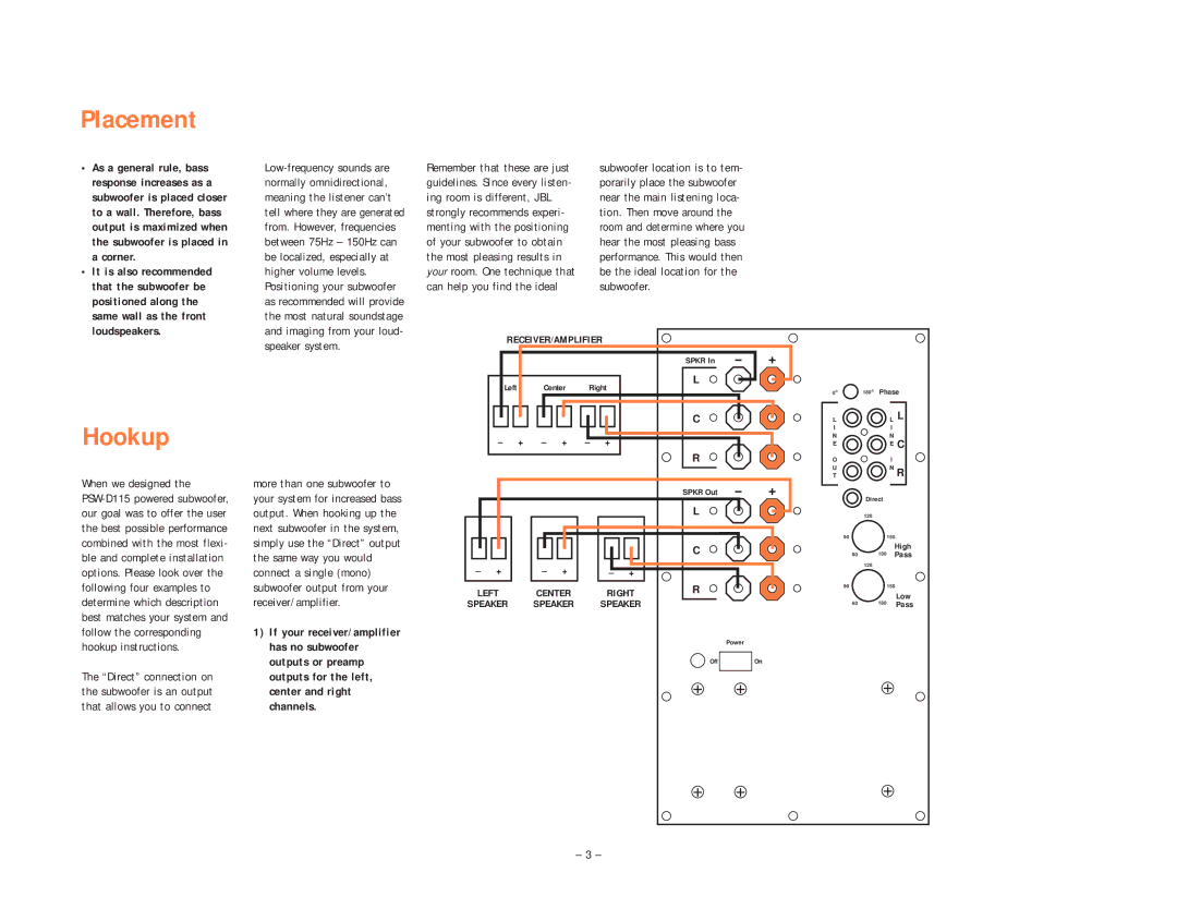 JBL PSW-D115 setup guide Placement, Hookup, Corner, Positioned along, Imaging from your loud- speaker system 