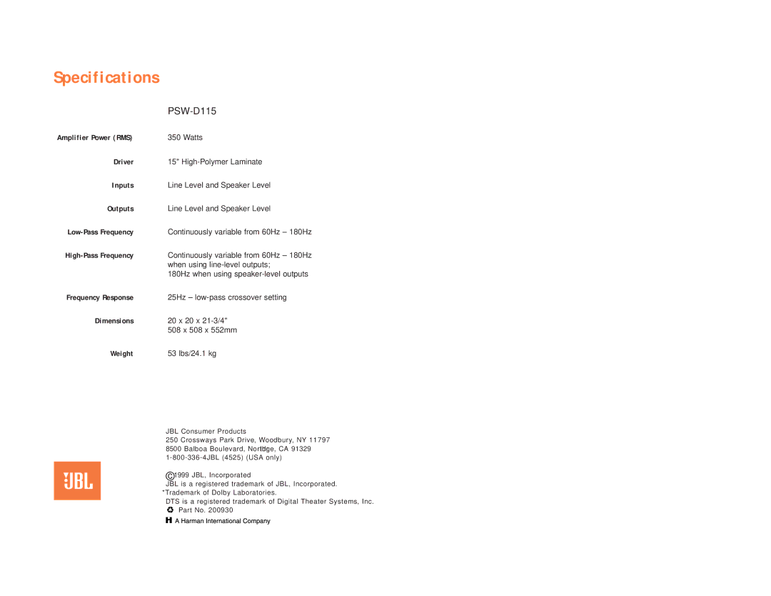 JBL PSW-D115 setup guide Specifications 