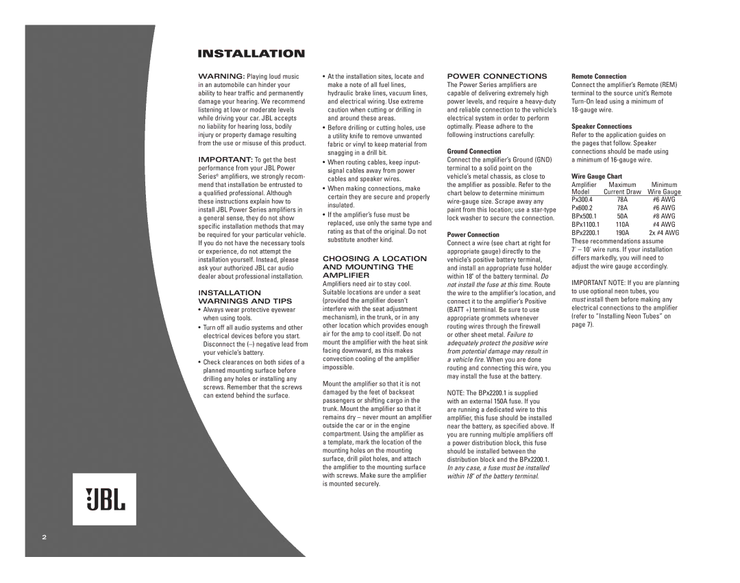 JBL Px300.4 owner manual Installation Warnings and Tips, Choosing a Location and Mounting the Amplifier 