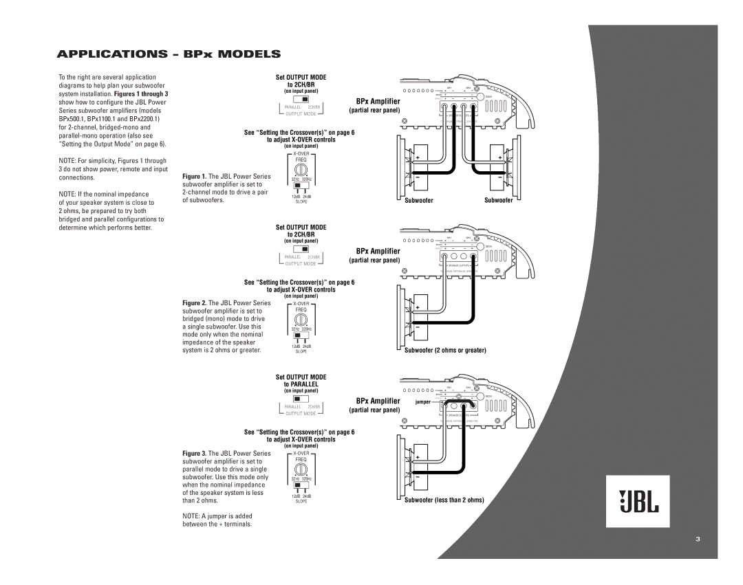 JBL Px300.4 owner manual Applications BPx Models, BPx Amplifier, Connections, Channel mode to drive a pair of subwoofers 