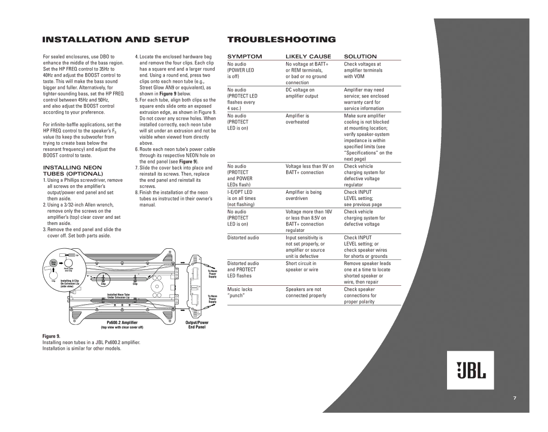 JBL Px300.4 Installation and Setup Troubleshooting, Installing Neon Tubes Optional, Symptom Likely Cause Solution 