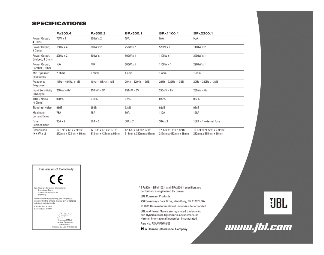 JBL owner manual Specifications, Px300.4 Px600.2 BPx500.1 BPx1100.1 BPx2200.1 