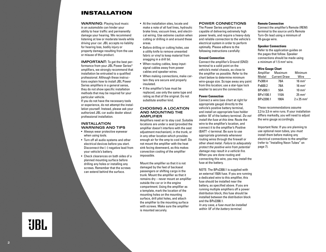 JBL Px300.4 owner manual Installation Warnings and Tips, Choosing a Location and Mounting the Amplifier 