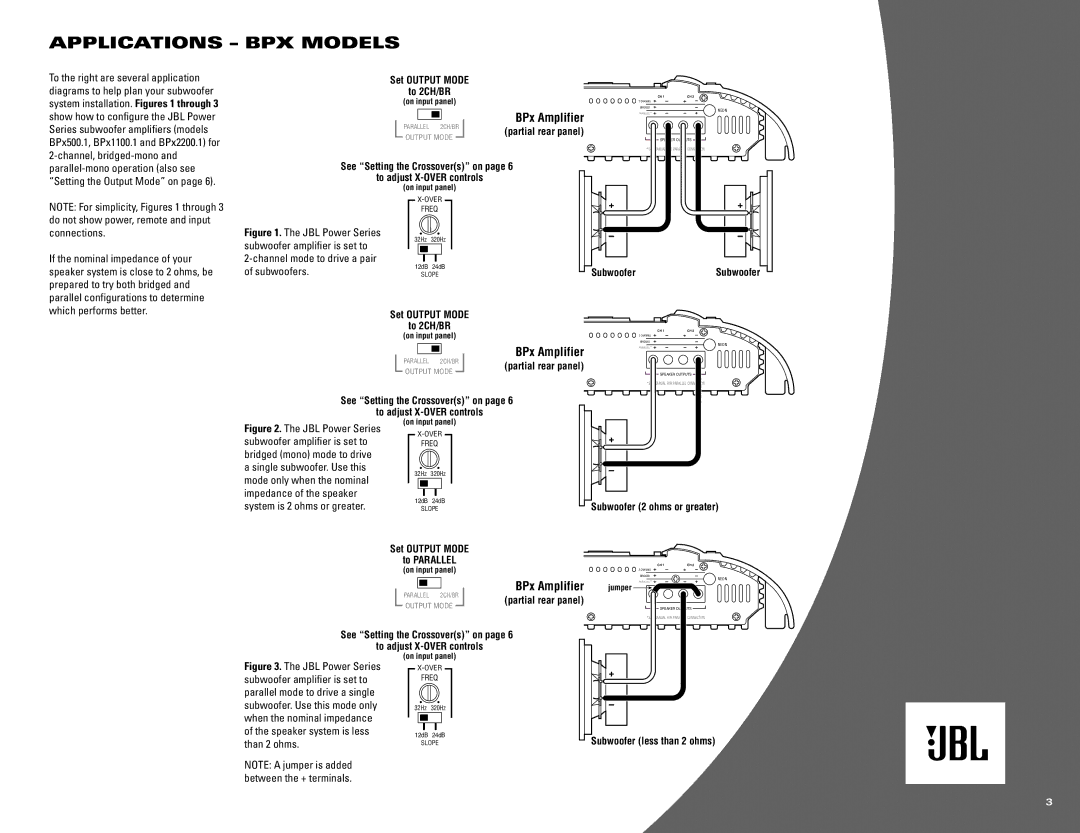 JBL Px300.4 owner manual Applications BPX Models, BPx Amplifier, Connections, Channel mode to drive a pair of subwoofers 