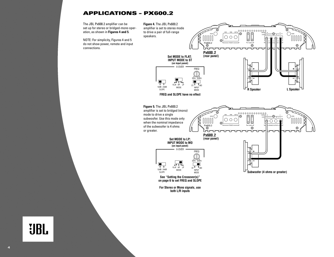 JBL Px300.4 owner manual Applications PX600.2, JBL Px600.2 amplifier can be, Speakers, Or greater 