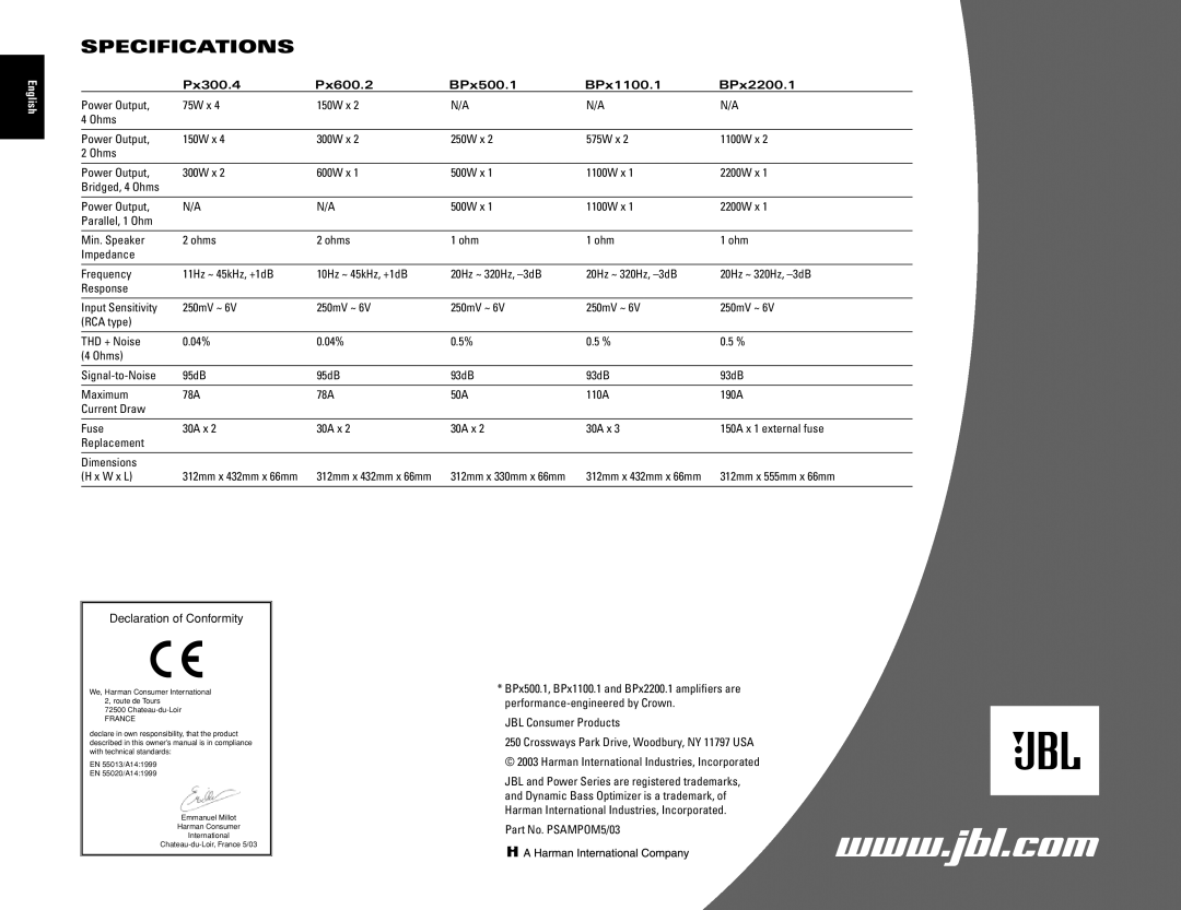 JBL Specifications, Px300.4 Px600.2 BPx500.1 BPx1100.1 BPx2200.1, 312mm x 555mm x 66mm, Part No. PSAMPOM5/03 