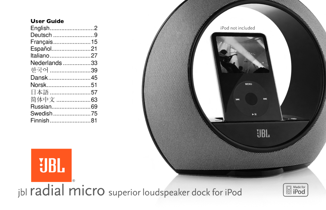 JBL radial micro manual User Guide, IPod not included 