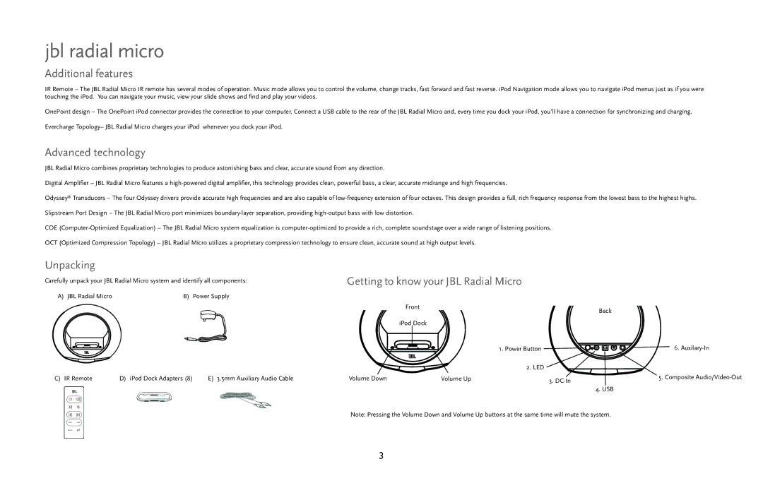 JBL radial micro manual Additional features, Advanced technology, Unpacking, Getting to know your JBL Radial Micro 