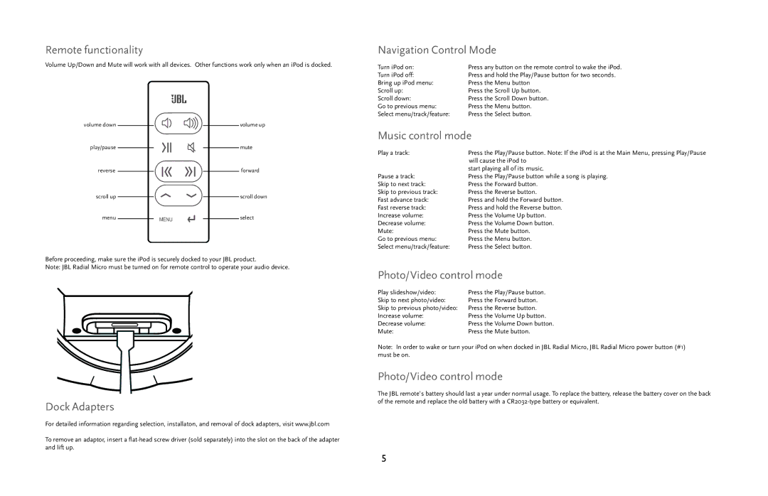 JBL radial micro manual Remote functionality, Navigation Control Mode, Music control mode, Photo/Video control mode 