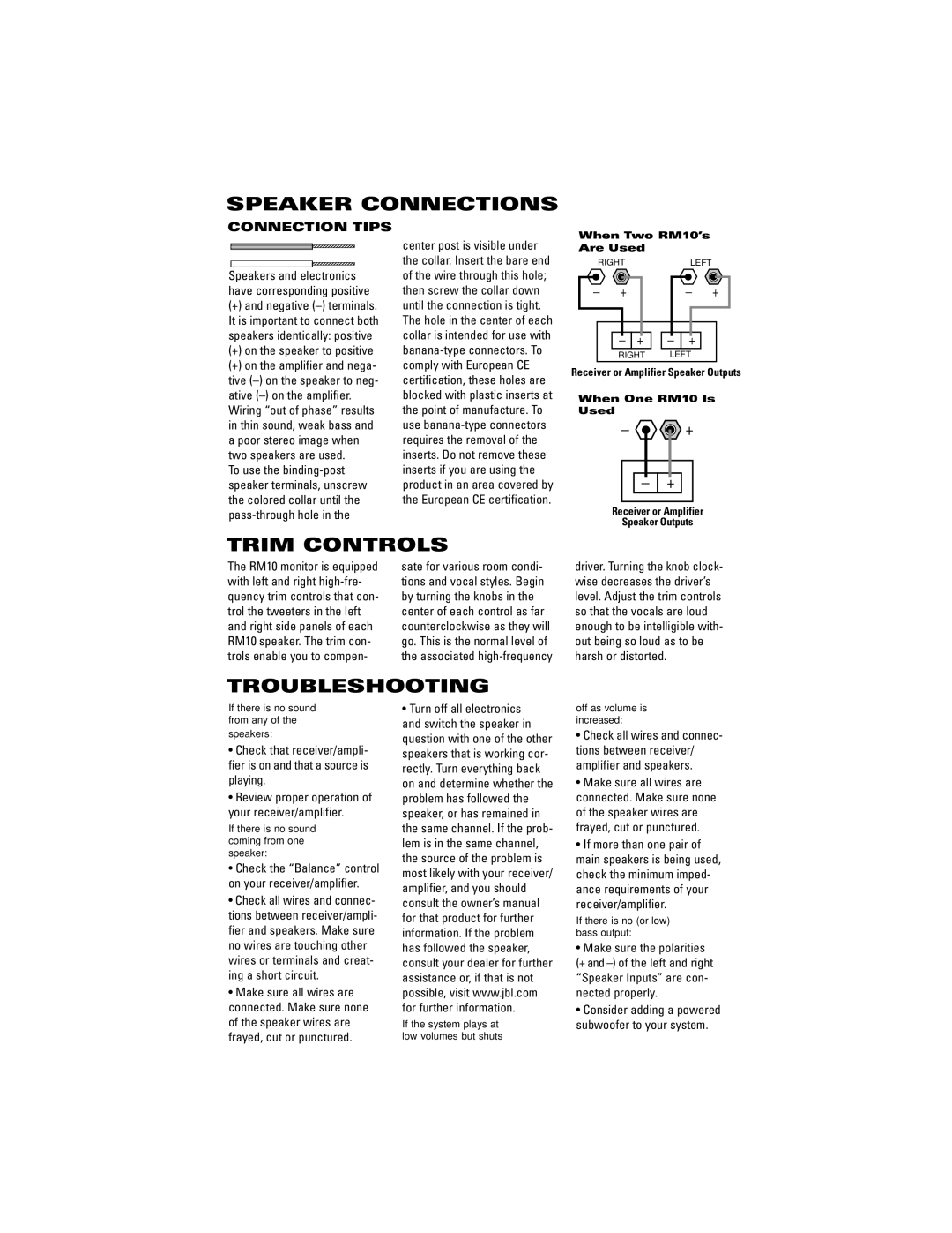 JBL RM10 manual Speaker Connections, Trim Controls, Troubleshooting, Connection Tips 