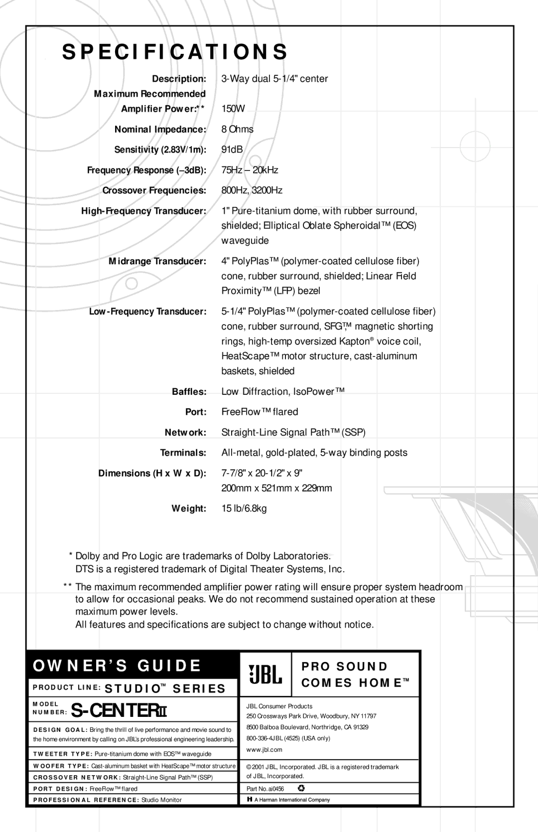 JBL S-CENTERII specifications Specification S, Sensitivity 2.83V/1m 