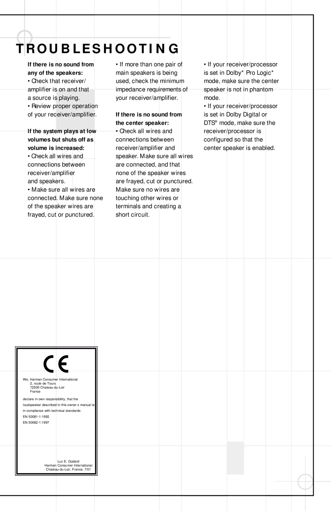 JBL S-CENTERII specifications Troubleshooting, If there is no sound from any of the speakers 