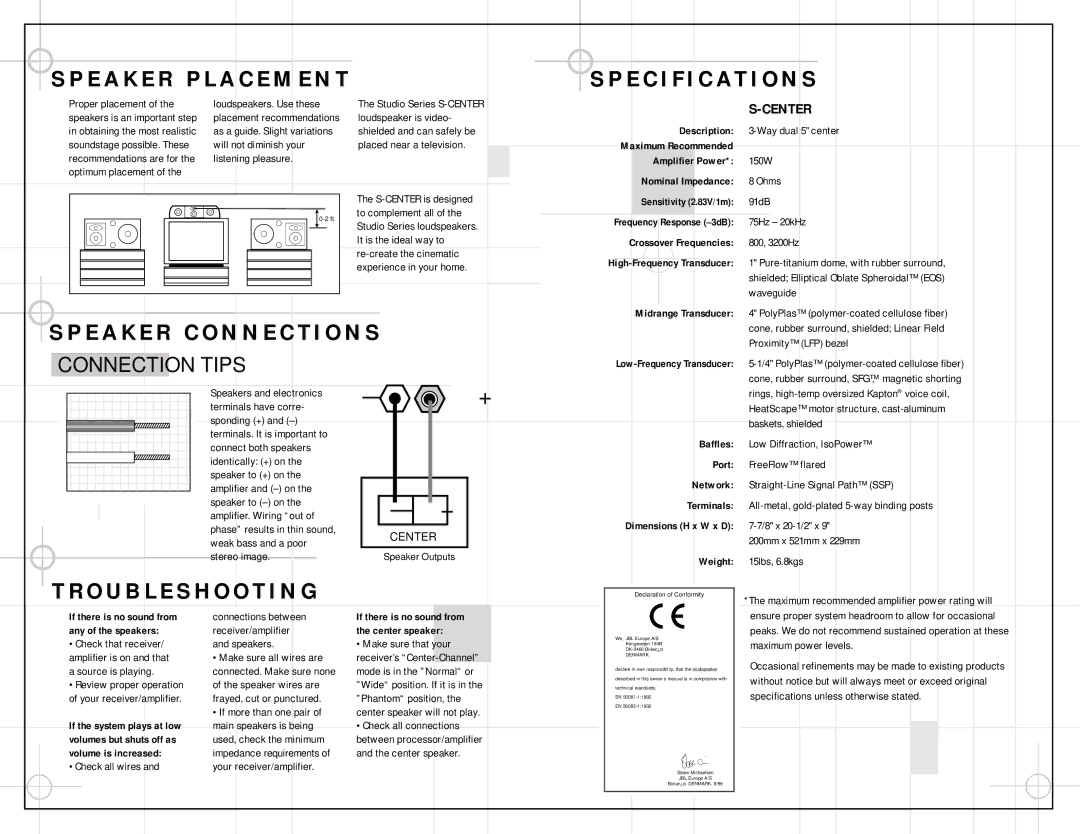 JBL S-CTR manual E a K E R P L a C E M E N T, E a K E R C O N N E C T I O N S Specification S 