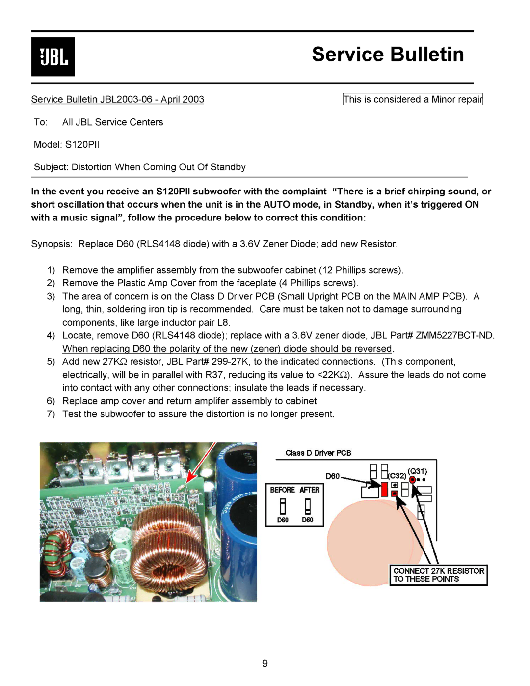 JBL S120PII service manual Service Bulletin 