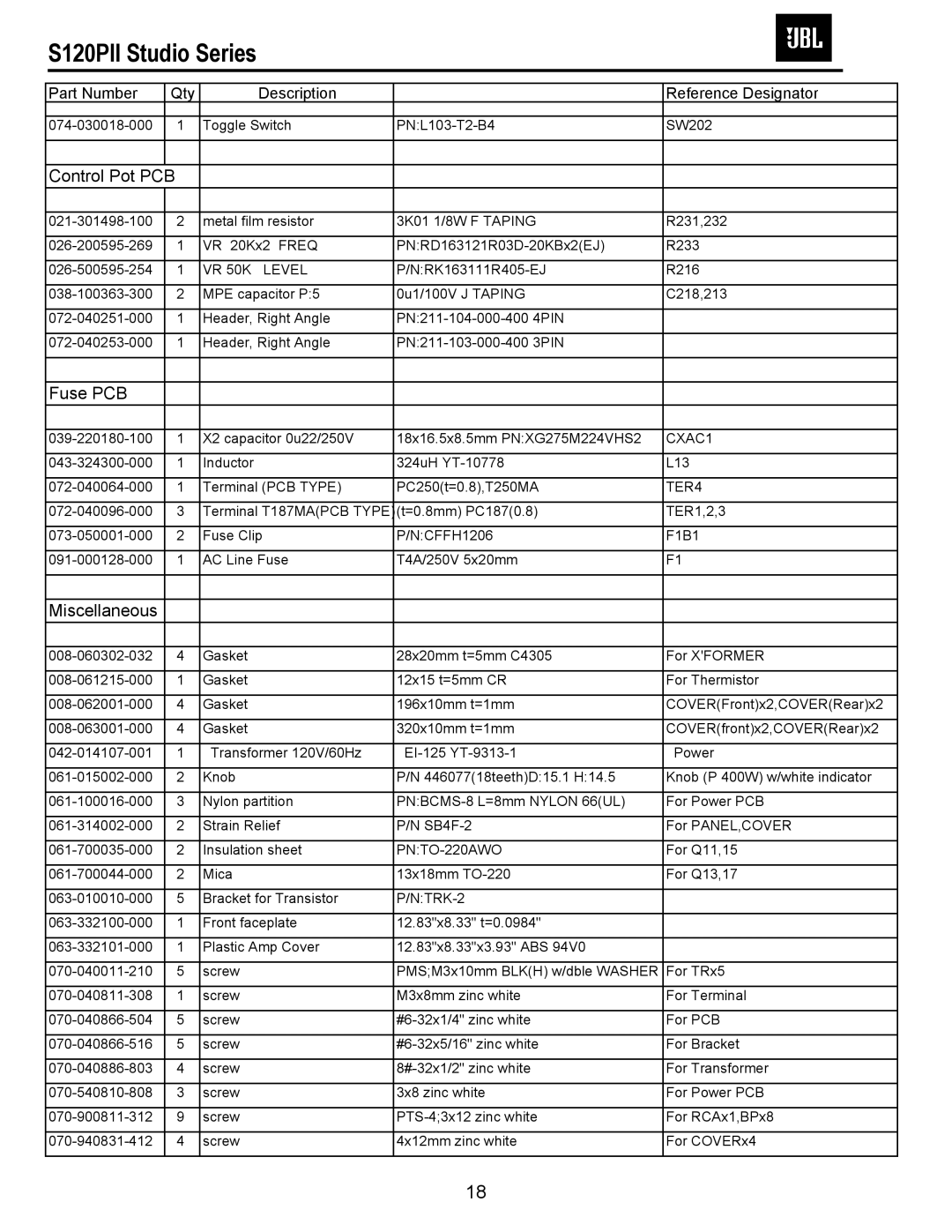 JBL S120PII service manual Control Pot PCB, Fuse PCB, Miscellaneous 