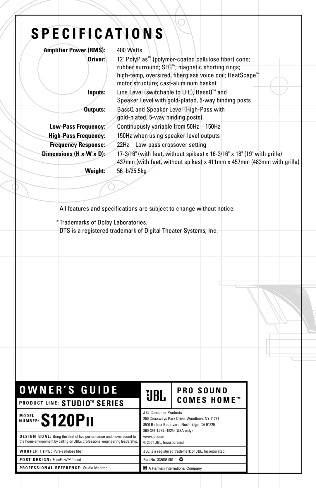 JBL S120PII specifications Specification S, M E S H O M E 