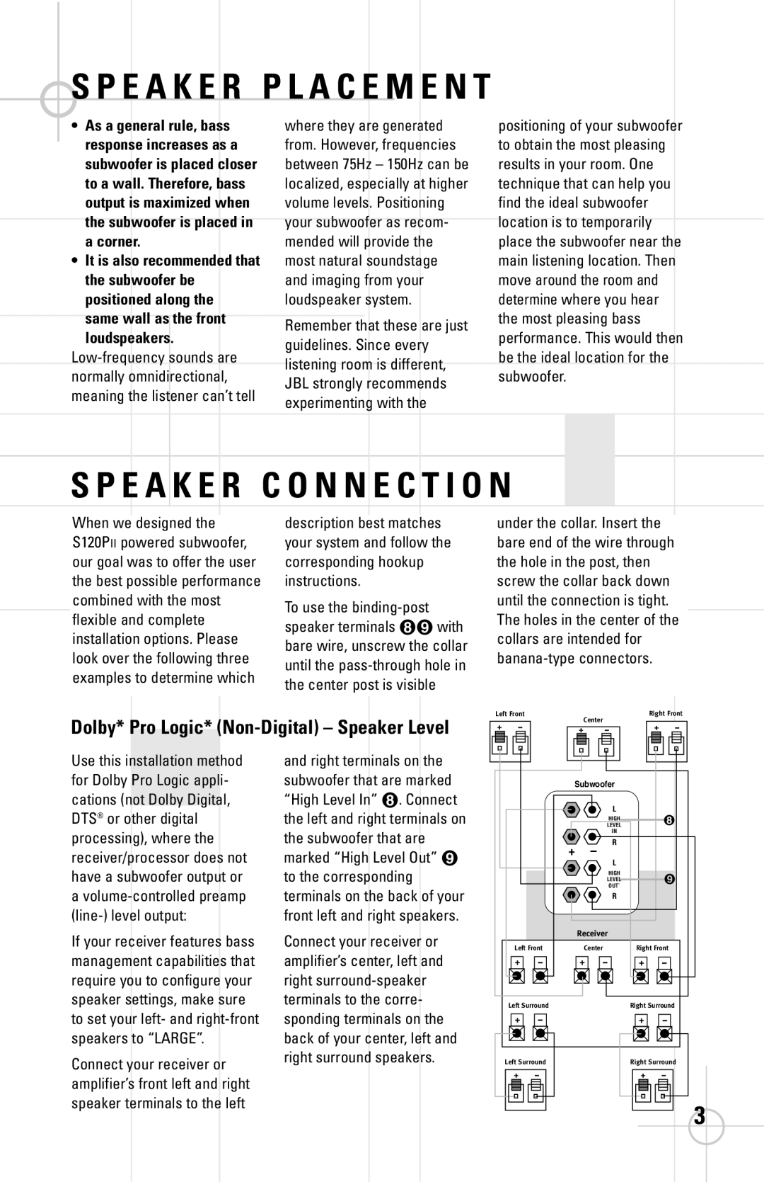 JBL S120PII specifications E a K E R C O N N E C T I O N, Dolby* Pro Logic* Non-Digital Speaker Level 