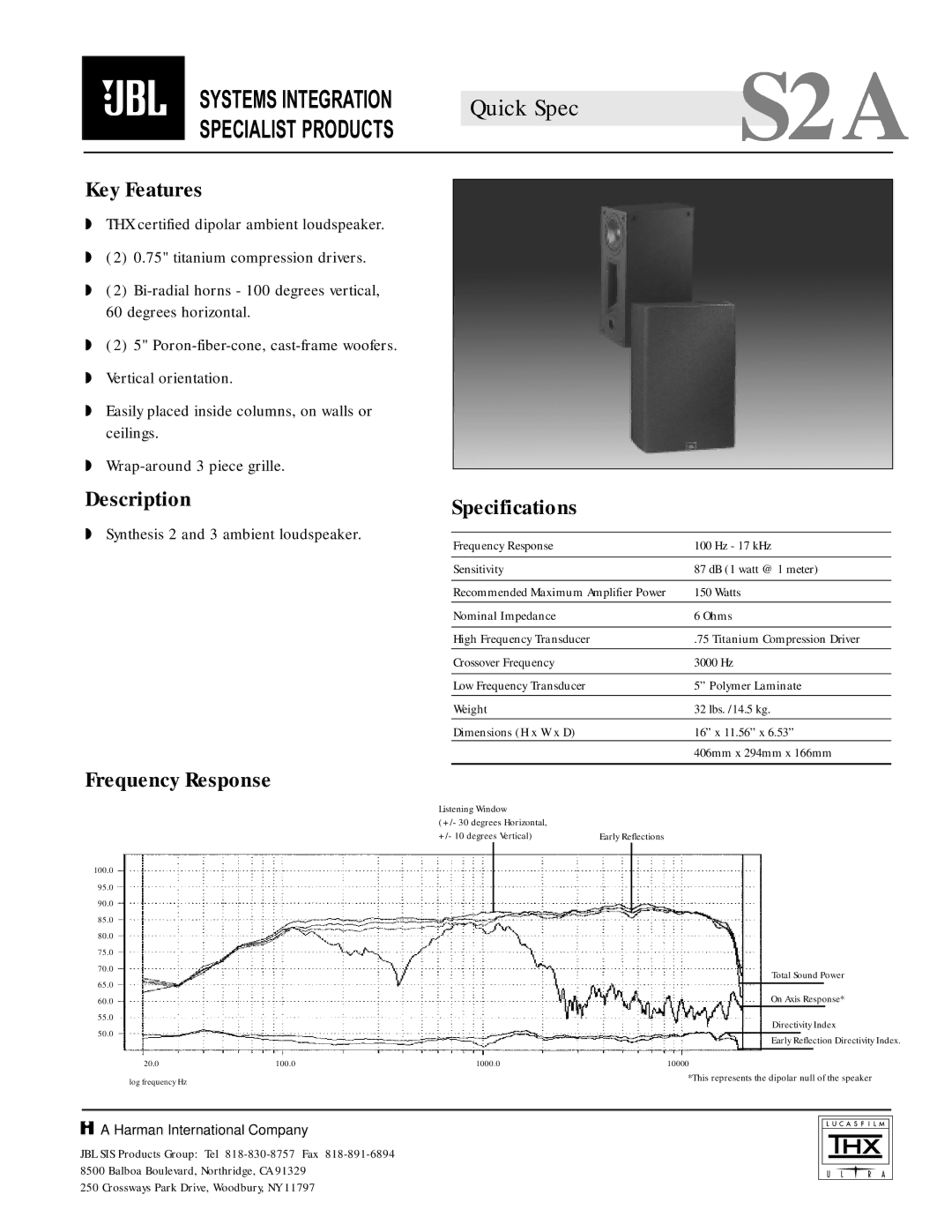 JBL S2A specifications Key Features, Description, Specifications, Frequency Response 