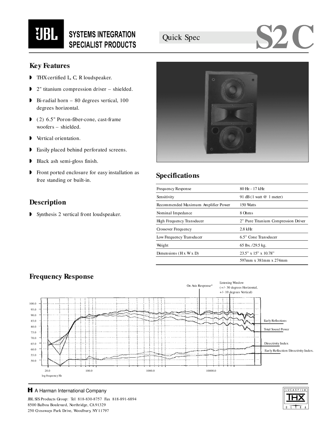 JBL S2C specifications Key Features, Description, Specifications, Frequency Response 