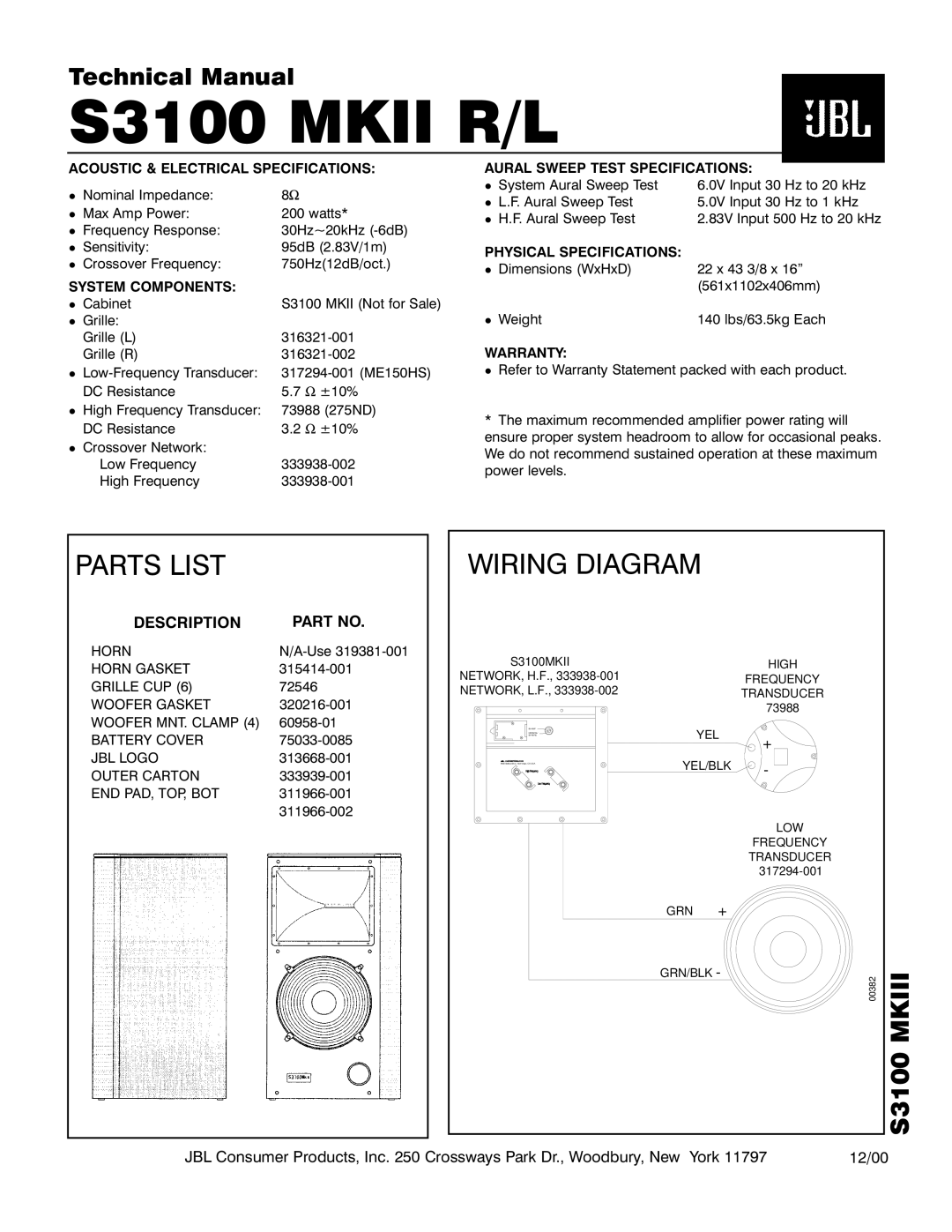 JBL S3100 MKII R/L technical manual Parts List, Wiring Diagram, Description 