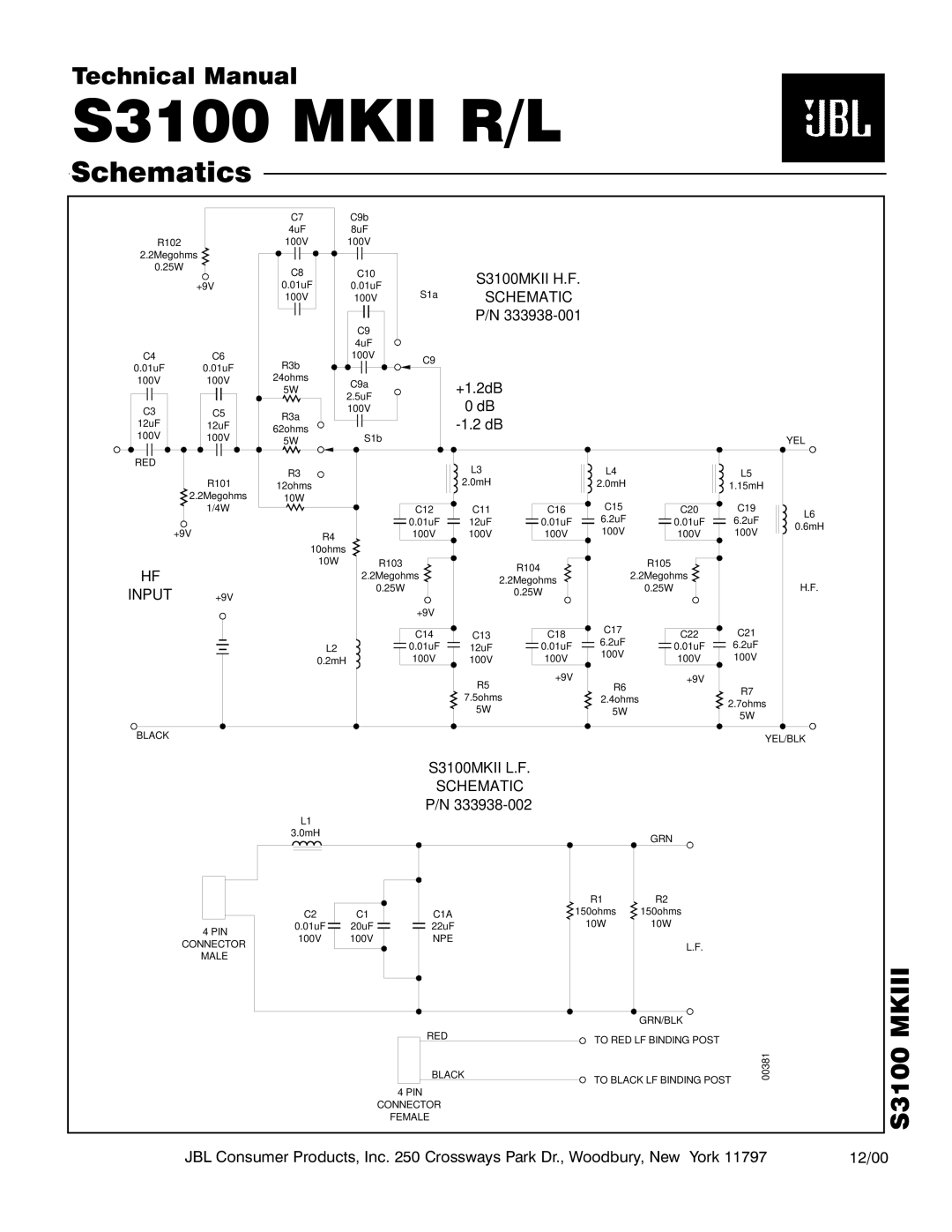 JBL S3100 MKII R/L technical manual Schematic, Input 