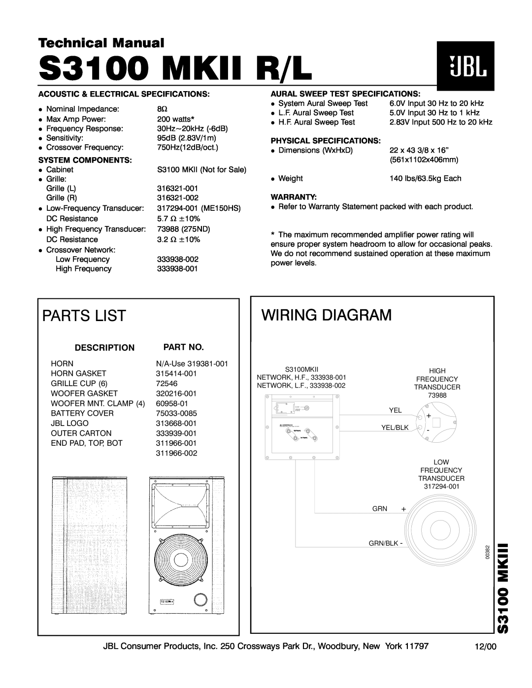 JBL S3100 MKII R/L technical manual Parts List, Wiring Diagram, Mkiii, Technical Manual, Description, 12/00 