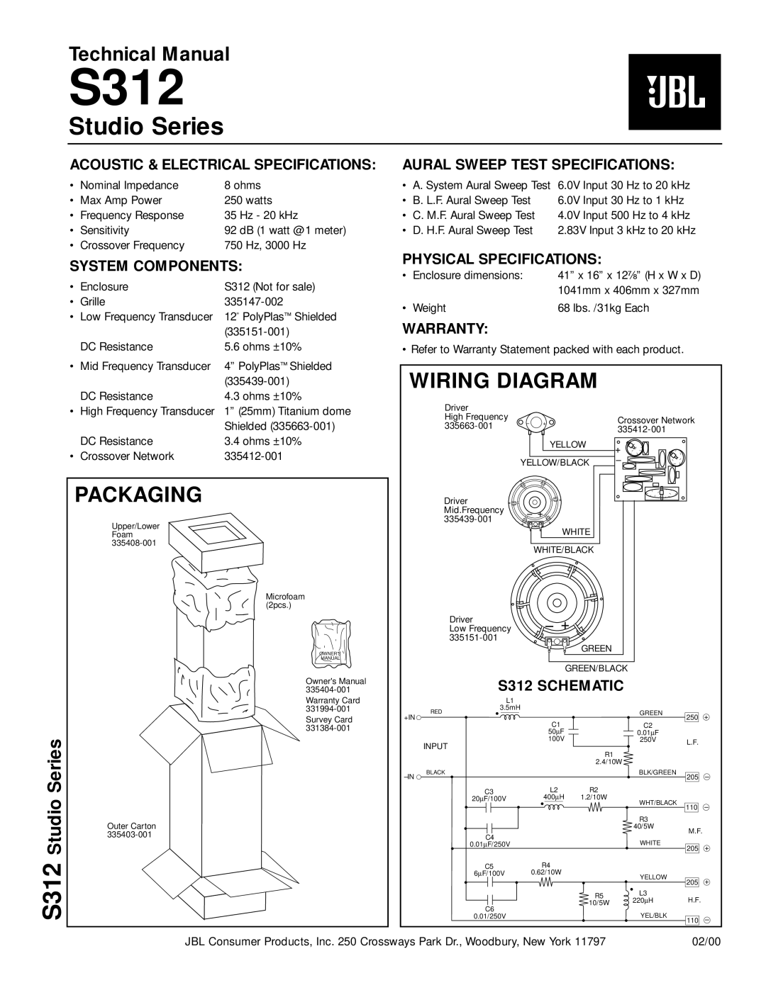 JBL S312 technical manual Packaging, Wiring Diagram 