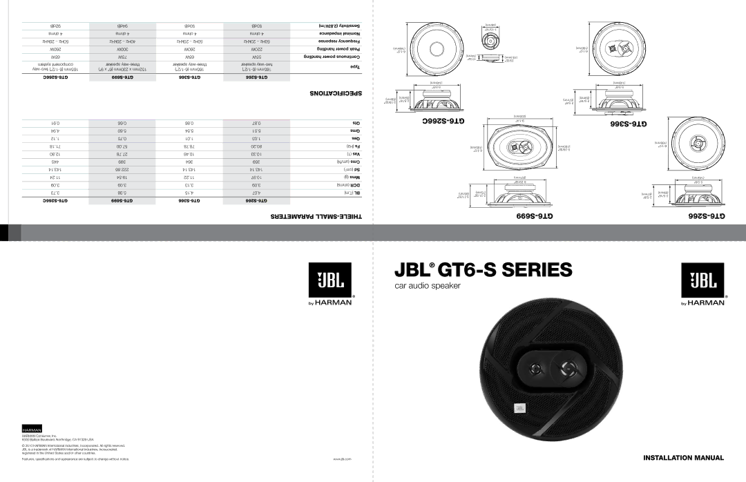 JBL S266GT6, S366GT6, S266C installation manual JBL GT6-S Series, Car audio speaker 