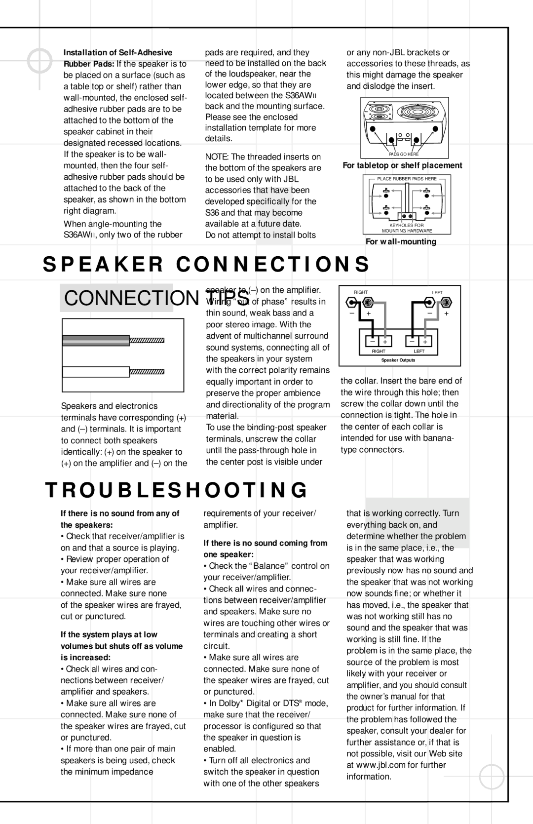 JBL S36AWII, S36II manual E a K E R C O N N E C T I O N S, Troubleshooting 