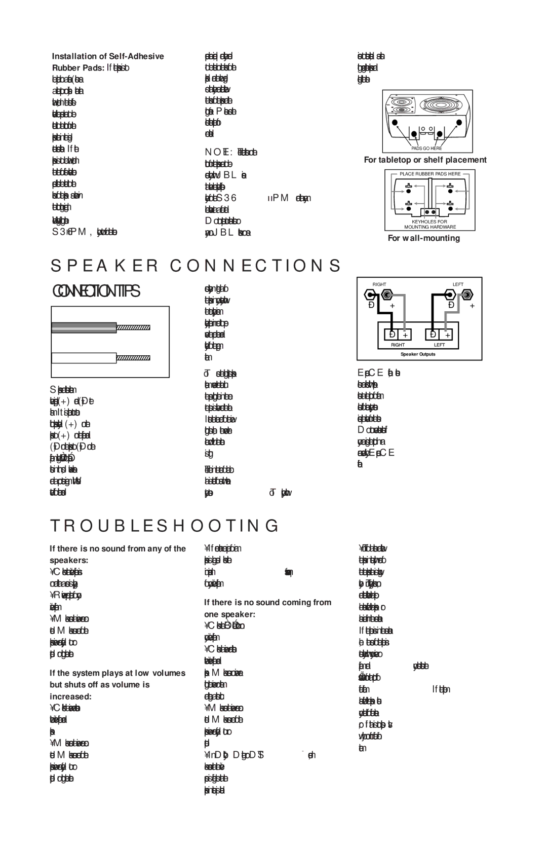 JBL S36IIPM manual Speaker Connections, Troubleshooting 