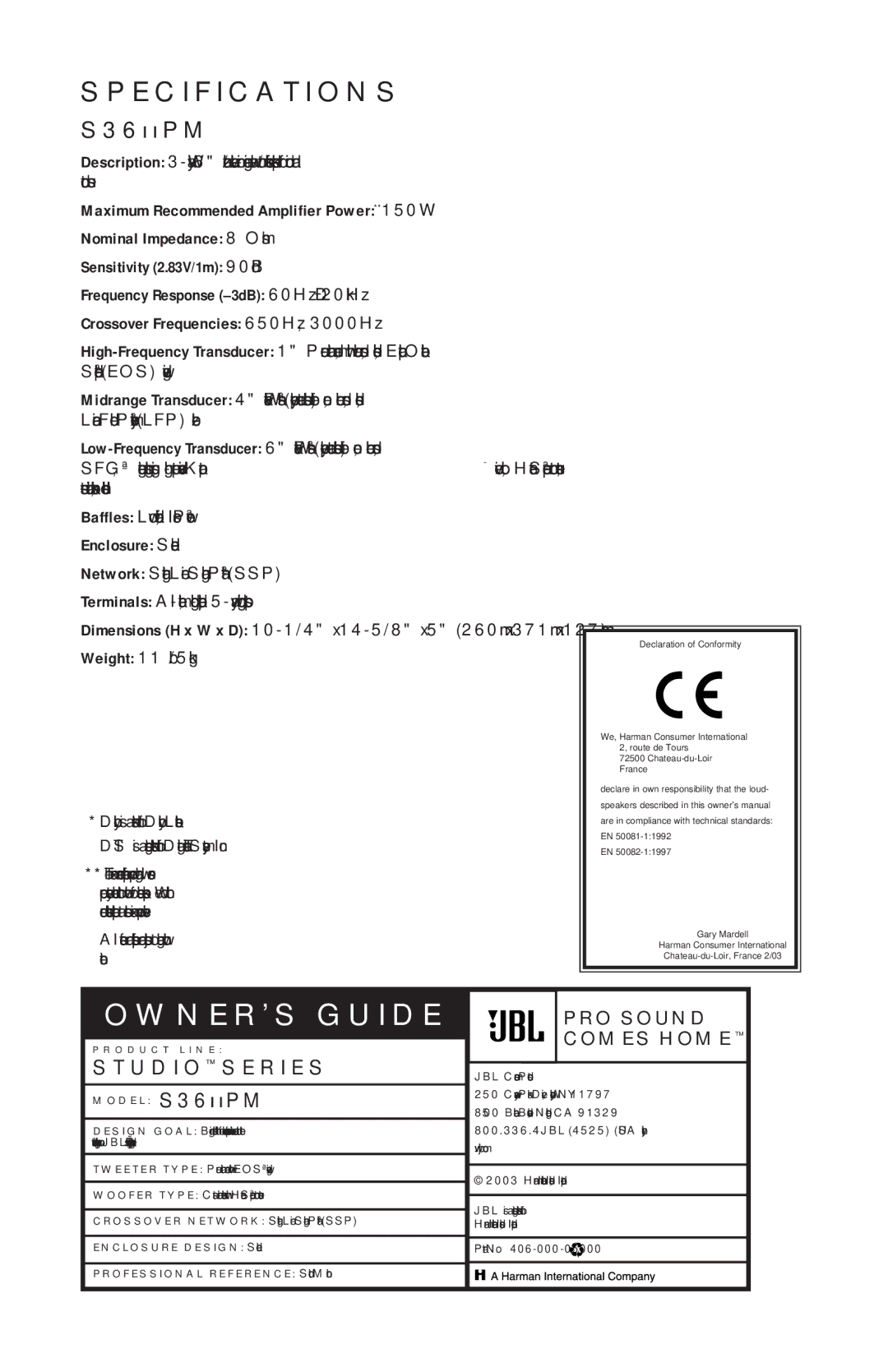 JBL S36IIPM manual Specifications 